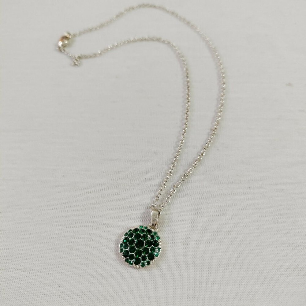 4/$20 Avon NRT Green Rhinestone Round Pendant Necklace Silver Tone
